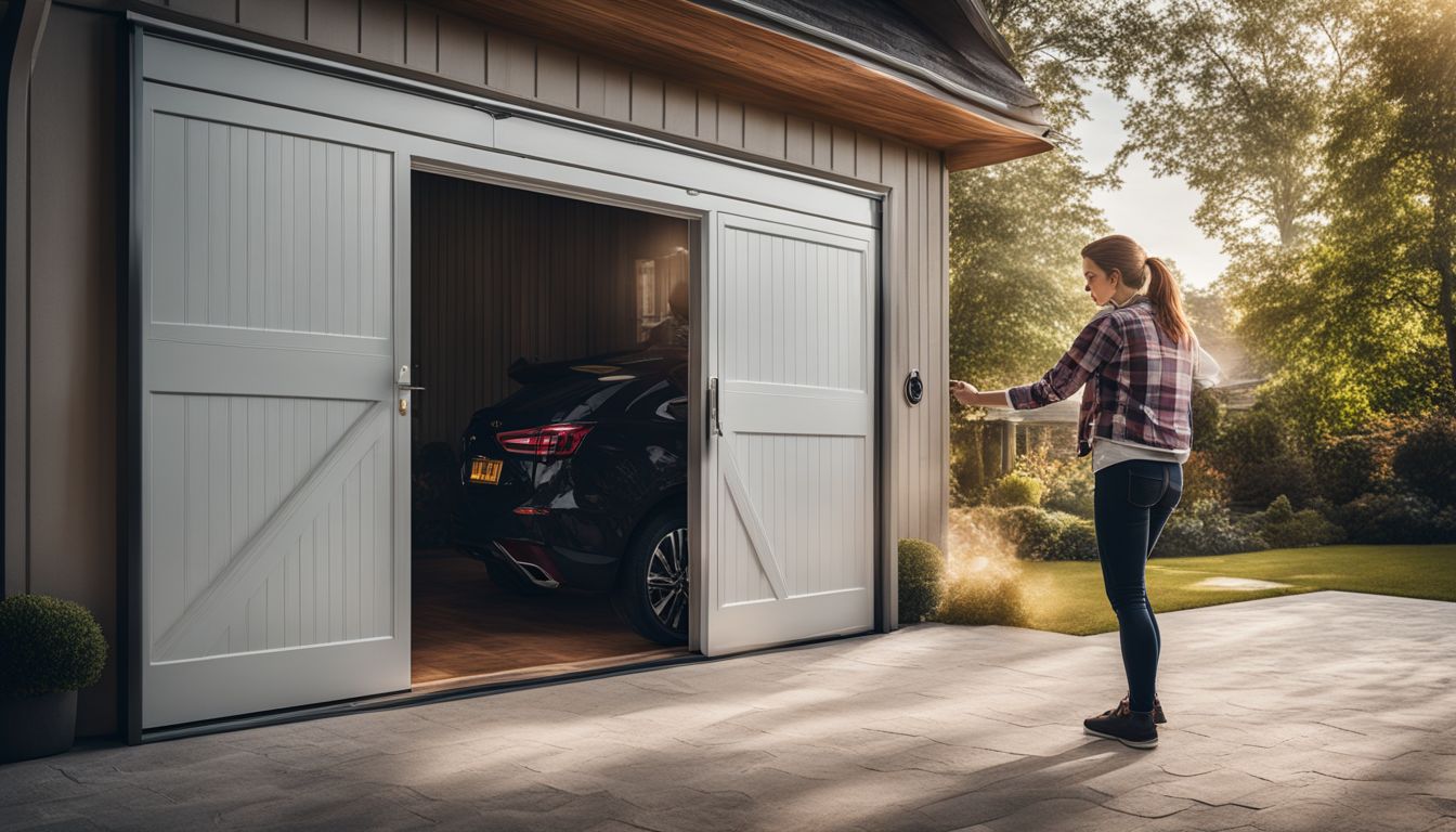 Een persoon opent een aparte deur naast een garagedeur, waardoor het handig en praktisch wordt.