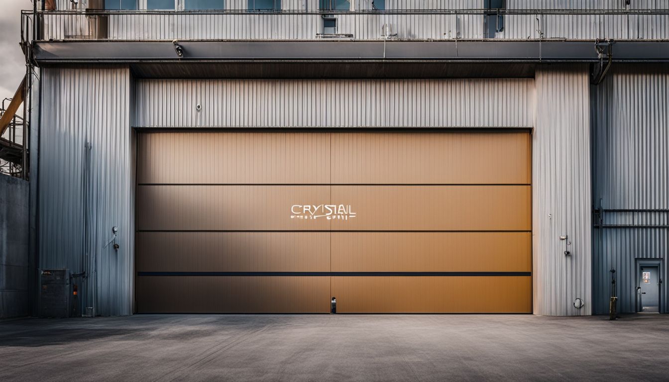 Een industriële garagedeur met een bedrijfslogo, verschillende gezichten, haarstijlen en outfits, goed verlicht en duidelijk gefotografeerd.
