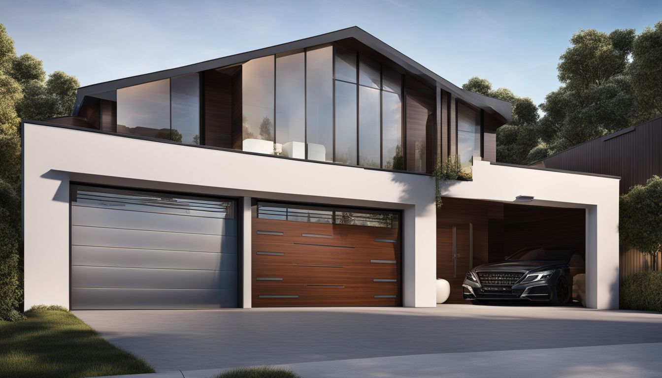 Een moderne garagedeur met gelamineerde glazen panelen, elegant en veilig met oog voor detail en hoogwaardige materialen.