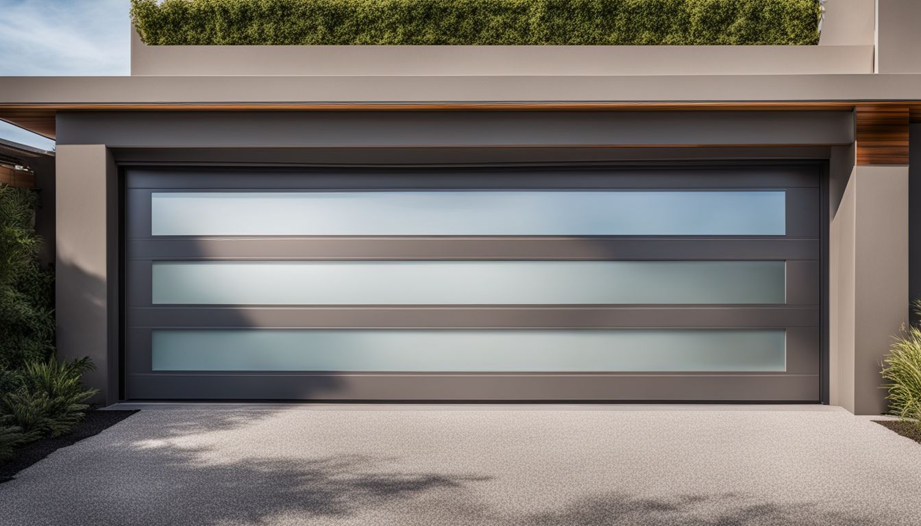 Een moderne sectionele garagedeur met getinte glazen panelen, die zowel een eigentijdse uitstraling als privacy biedt.