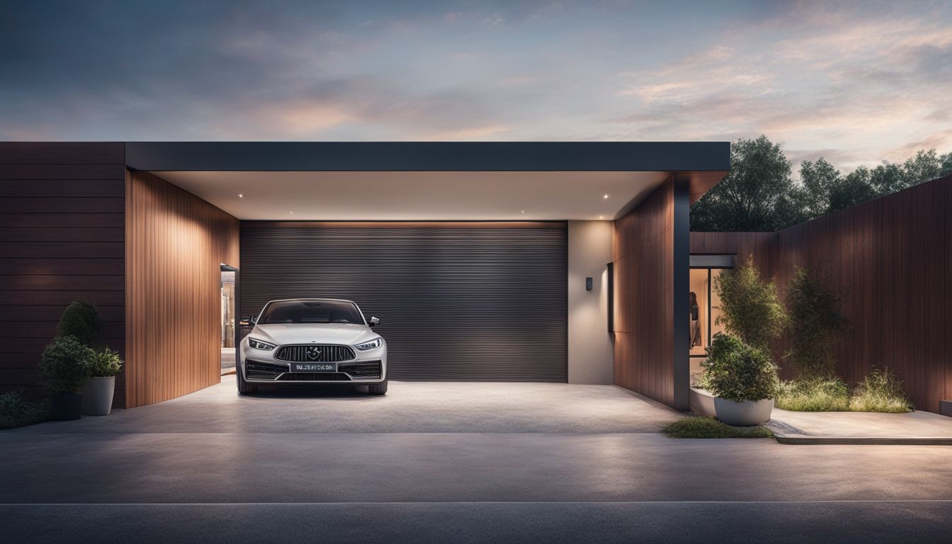Een moderne en strakke garagedeur met geïntegreerde toegangspoort in een bruisende stad. Een moderne en strakke garagedeur met geïntegreerde toegangspoort in een bruisende stad.