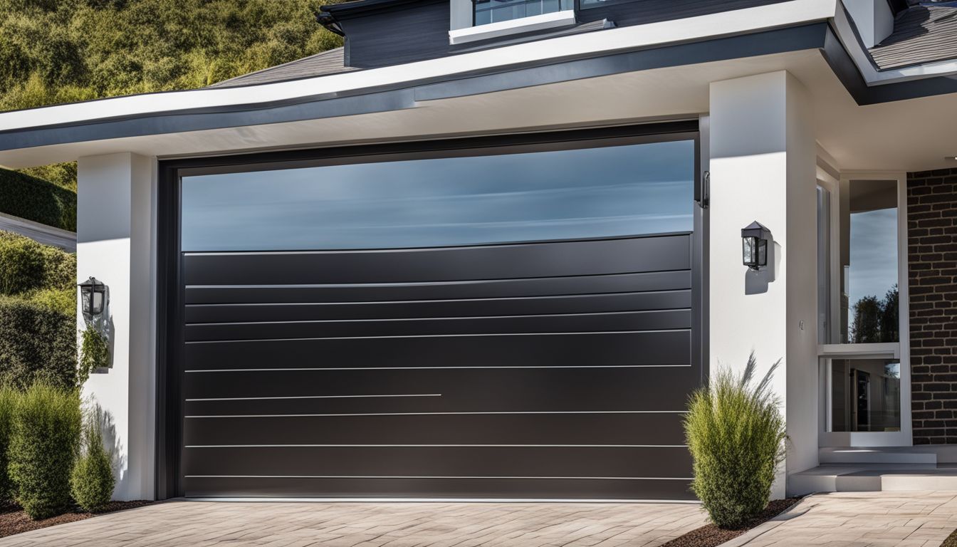 Een moderne garagedeur met UV-beschermend glas, die schadelijke UV-stralen tegenhoudt.