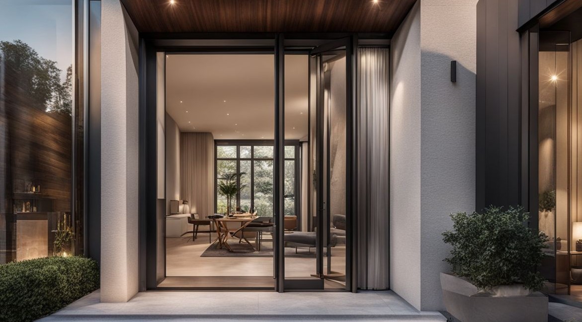 Een elegant moderne aluminiume voordeur in een prachtig huis