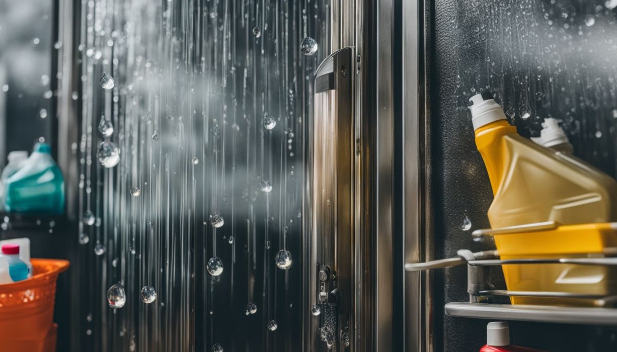 foto van een glanzende aluminium deur met waterdruppels, omringd door schoonmaakspullen