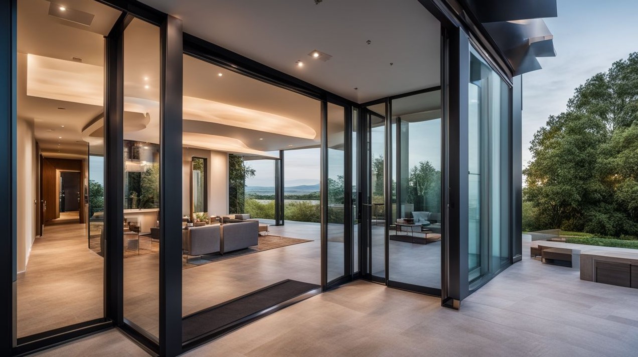 moderne en stijlvolle aluminium deur met een mooie entree en een prachtig landschap.