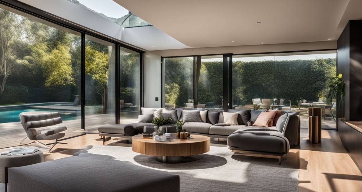 Een moderne woonkamer met grote aluminium deuren die een naadloze overgang tussen binnen- en buitenruimtes tonen.